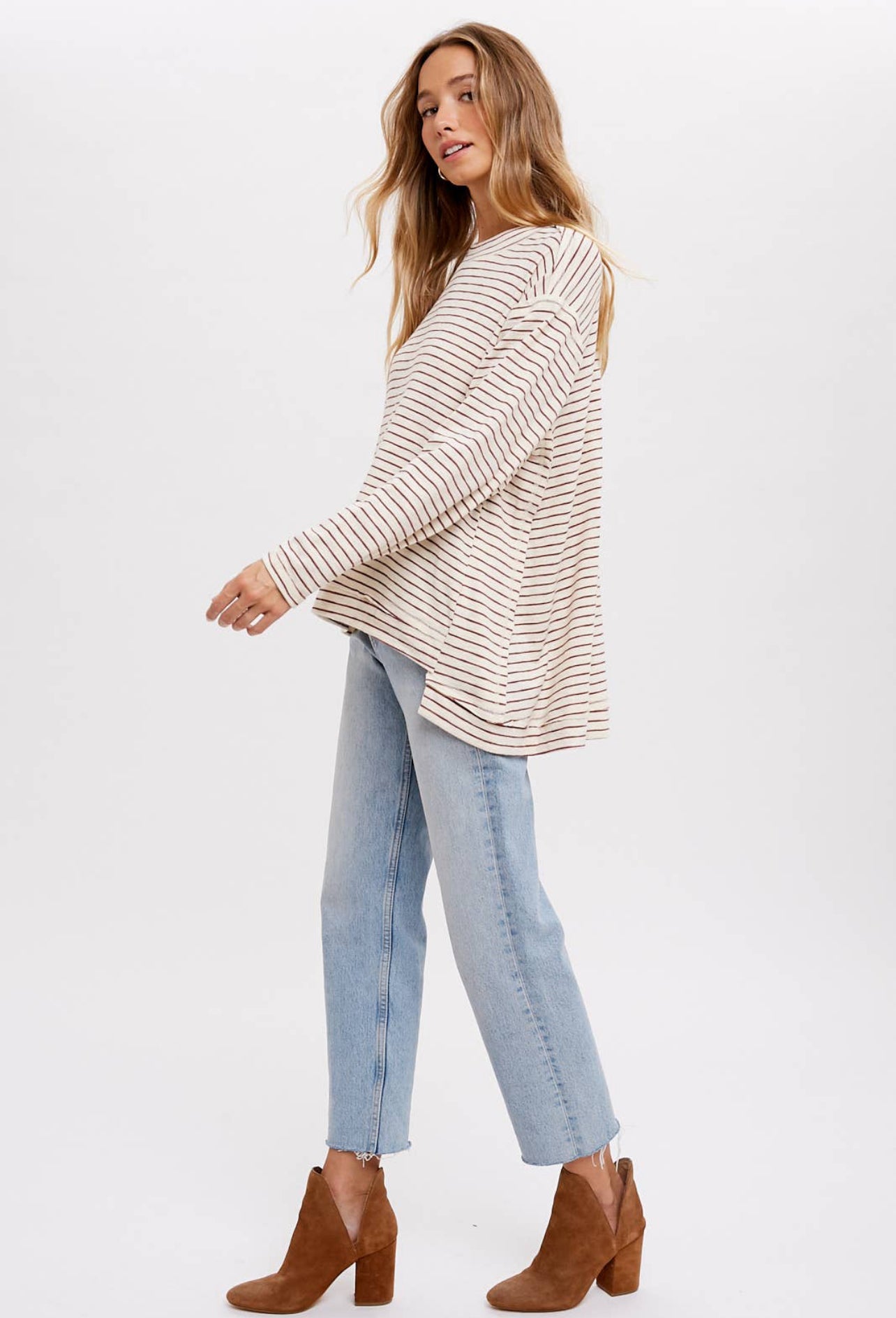 Slouchy Stripe Top- Oatmeal and Maroon