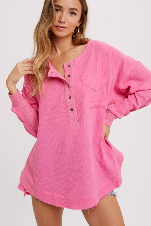 Button Up Henley Tunic- Pink
