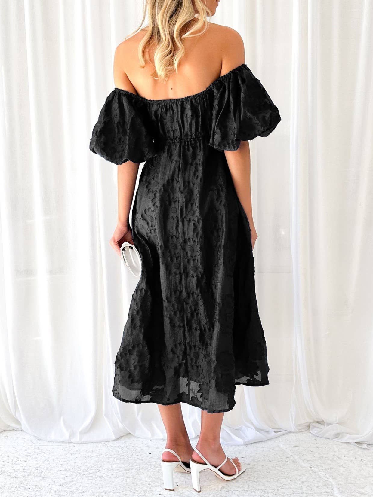 Off the shoulder puff sleeve floral jacquard swing dress: Black