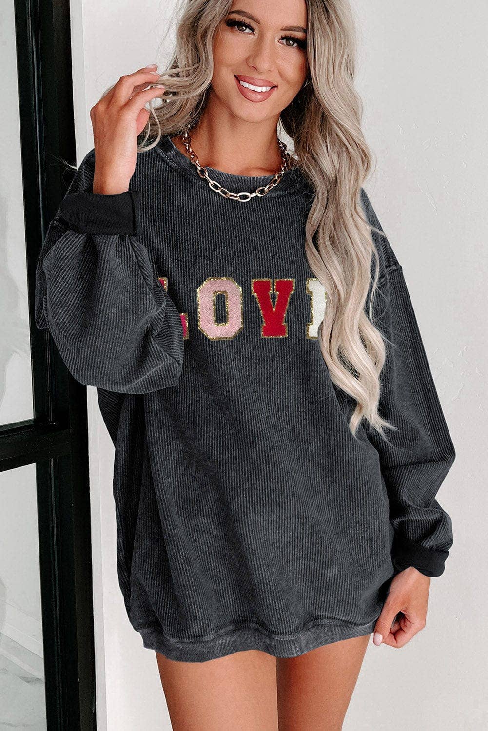 LOVE Cord Oversized Sweatshirt/ Black