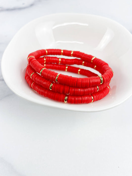 Heishi Small 6mm Color Pop Bracelet "Red": Gold Disc / 7 Inch