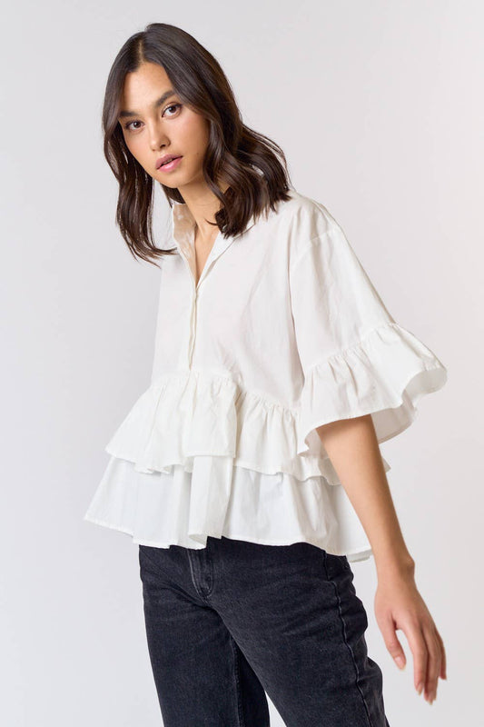 RUFFLE DETAILED BUTTON UP SHIRT:   OFF WHITE