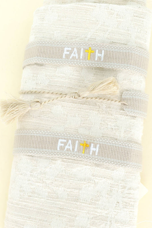 Knitted "Faith" Adjustable Pull Woven Bracelet
