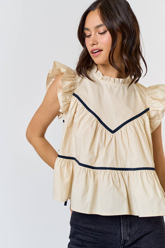 Ruffles Up Top- Ivory with Navy Trim