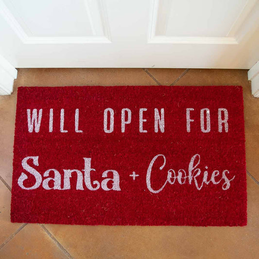 Will Open For Santa Coir Doormat   Red/White   30x18