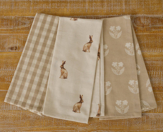 Tea Towels - Rabbit And Tan And Linen Check (PK/3 AST)